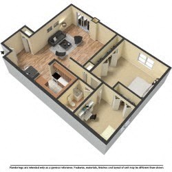 Floor plan for 2 beds, 1 bath, 1007 sqft